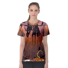 Halloween Design With Scarecrow, Crow And Pumpkin Women s Sport Mesh Tee