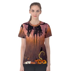 Halloween Design With Scarecrow, Crow And Pumpkin Women s Cotton Tee