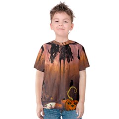 Halloween Design With Scarecrow, Crow And Pumpkin Kids  Cotton Tee