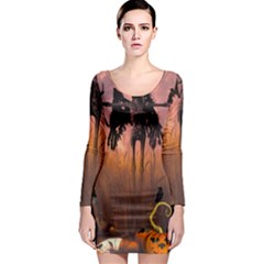 Halloween Design With Scarecrow, Crow And Pumpkin Long Sleeve Bodycon Dress