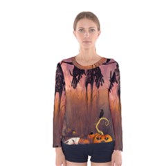 Halloween Design With Scarecrow, Crow And Pumpkin Women s Long Sleeve Tee