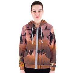 Halloween Design With Scarecrow, Crow And Pumpkin Women s Zipper Hoodie