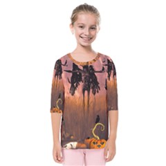 Halloween Design With Scarecrow, Crow And Pumpkin Kids  Quarter Sleeve Raglan Tee