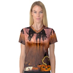 Halloween Design With Scarecrow, Crow And Pumpkin V-Neck Sport Mesh Tee