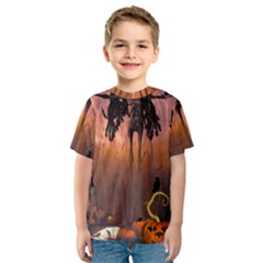 Halloween Design With Scarecrow, Crow And Pumpkin Kids  Sport Mesh Tee