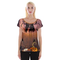 Halloween Design With Scarecrow, Crow And Pumpkin Cap Sleeve Tops