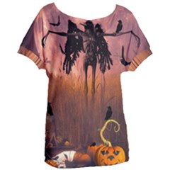 Halloween Design With Scarecrow, Crow And Pumpkin Women s Oversized Tee