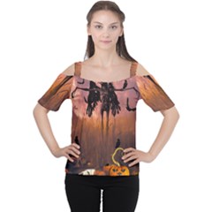 Halloween Design With Scarecrow, Crow And Pumpkin Cutout Shoulder Tee