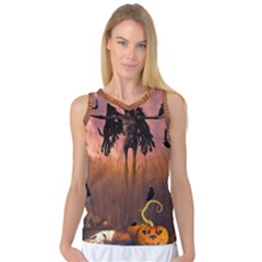 Halloween Design With Scarecrow, Crow And Pumpkin Women s Basketball Tank Top