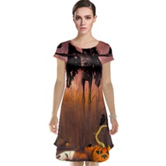 Halloween Design With Scarecrow, Crow And Pumpkin Cap Sleeve Nightdress by FantasyWorld7