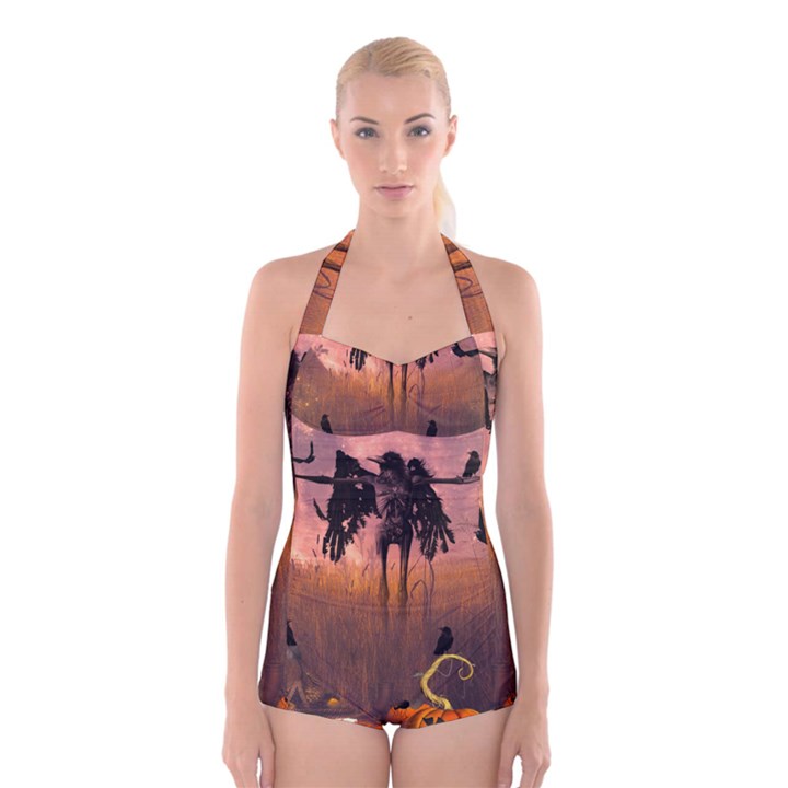 Halloween Design With Scarecrow, Crow And Pumpkin Boyleg Halter Swimsuit 