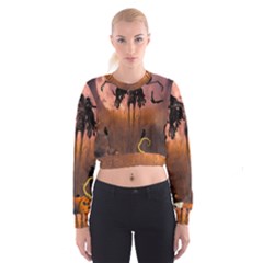 Halloween Design With Scarecrow, Crow And Pumpkin Cropped Sweatshirt