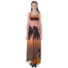 Halloween Design With Scarecrow, Crow And Pumpkin Empire Waist Maxi Dress