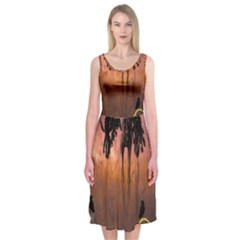 Halloween Design With Scarecrow, Crow And Pumpkin Midi Sleeveless Dress