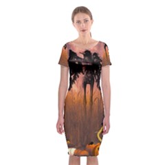 Halloween Design With Scarecrow, Crow And Pumpkin Classic Short Sleeve Midi Dress