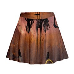 Halloween Design With Scarecrow, Crow And Pumpkin Mini Flare Skirt