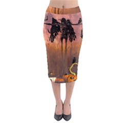 Halloween Design With Scarecrow, Crow And Pumpkin Midi Pencil Skirt