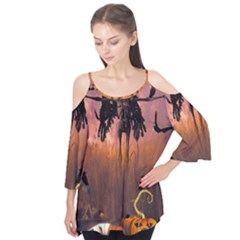 Halloween Design With Scarecrow, Crow And Pumpkin Flutter Tees