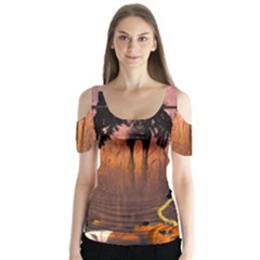 Halloween Design With Scarecrow, Crow And Pumpkin Butterfly Sleeve Cutout Tee 