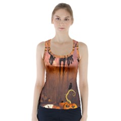 Halloween Design With Scarecrow, Crow And Pumpkin Racer Back Sports Top