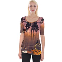 Halloween Design With Scarecrow, Crow And Pumpkin Wide Neckline Tee