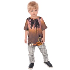 Halloween Design With Scarecrow, Crow And Pumpkin Kids Raglan Tee