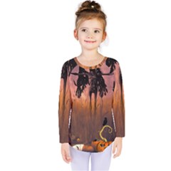 Halloween Design With Scarecrow, Crow And Pumpkin Kids  Long Sleeve Tee