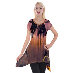 Halloween Design With Scarecrow, Crow And Pumpkin Short Sleeve Side Drop Tunic