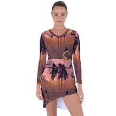 Halloween Design With Scarecrow, Crow And Pumpkin Asymmetric Cut-Out Shift Dress