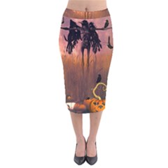 Halloween Design With Scarecrow, Crow And Pumpkin Velvet Midi Pencil Skirt by FantasyWorld7