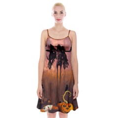 Halloween Design With Scarecrow, Crow And Pumpkin Spaghetti Strap Velvet Dress