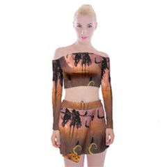 Halloween Design With Scarecrow, Crow And Pumpkin Off Shoulder Top with Mini Skirt Set