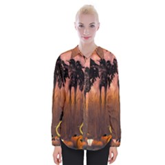 Halloween Design With Scarecrow, Crow And Pumpkin Womens Long Sleeve Shirt