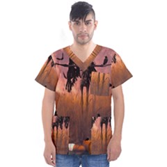 Halloween Design With Scarecrow, Crow And Pumpkin Men s V-Neck Scrub Top