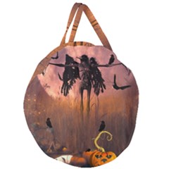 Halloween Design With Scarecrow, Crow And Pumpkin Giant Round Zipper Tote by FantasyWorld7