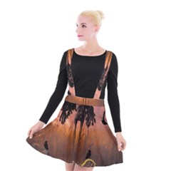 Halloween Design With Scarecrow, Crow And Pumpkin Suspender Skater Skirt