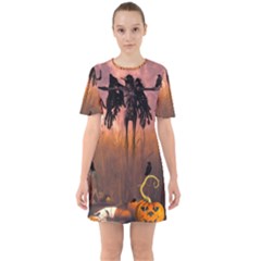 Halloween Design With Scarecrow, Crow And Pumpkin Sixties Short Sleeve Mini Dress