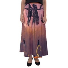 Halloween Design With Scarecrow, Crow And Pumpkin Flared Maxi Skirt