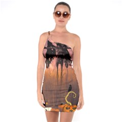 Halloween Design With Scarecrow, Crow And Pumpkin One Soulder Bodycon Dress