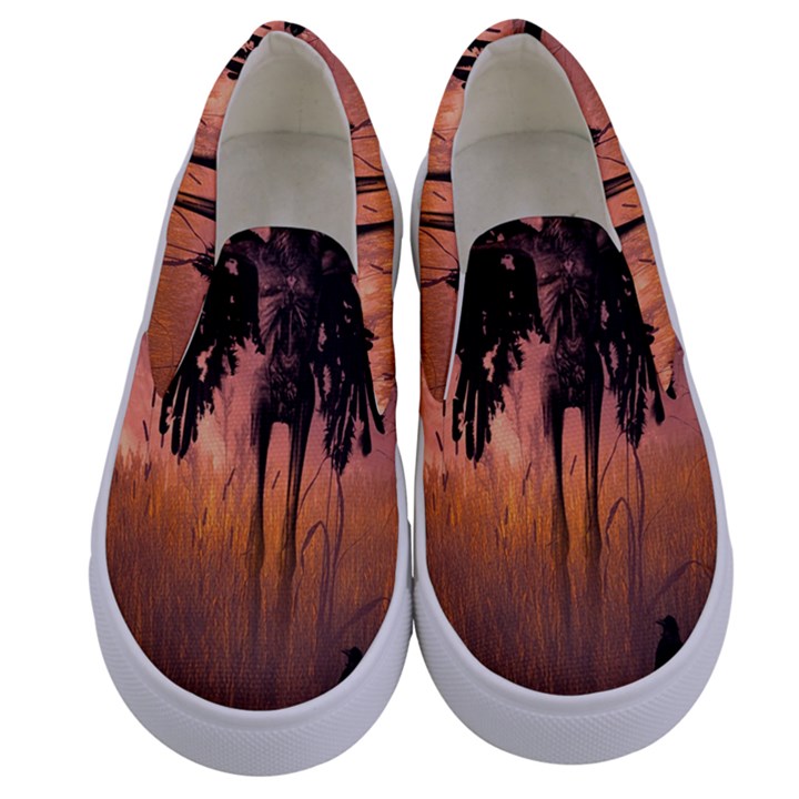 Halloween Design With Scarecrow, Crow And Pumpkin Kids  Canvas Slip Ons