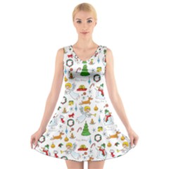 Christmas Pattern V-neck Sleeveless Skater Dress by Valentinaart