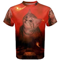 Cute Little Kitten, Red Background Men s Cotton Tee by FantasyWorld7