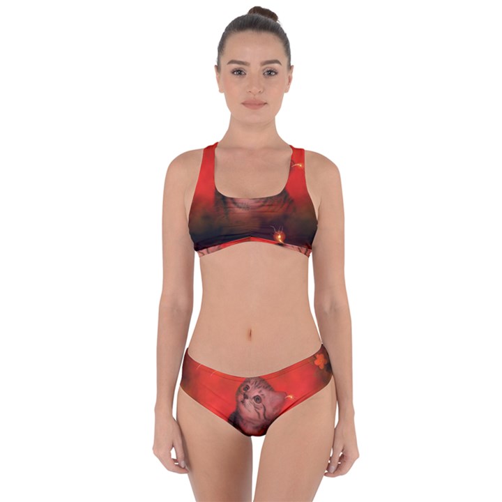 Cute Little Kitten, Red Background Criss Cross Bikini Set