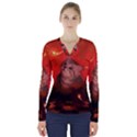 Cute Little Kitten, Red Background V-Neck Long Sleeve Top View1