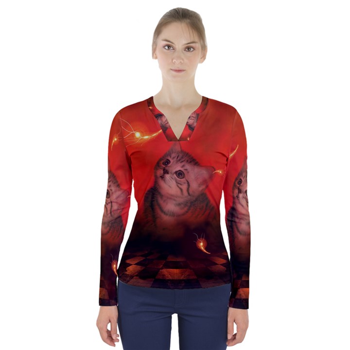 Cute Little Kitten, Red Background V-Neck Long Sleeve Top