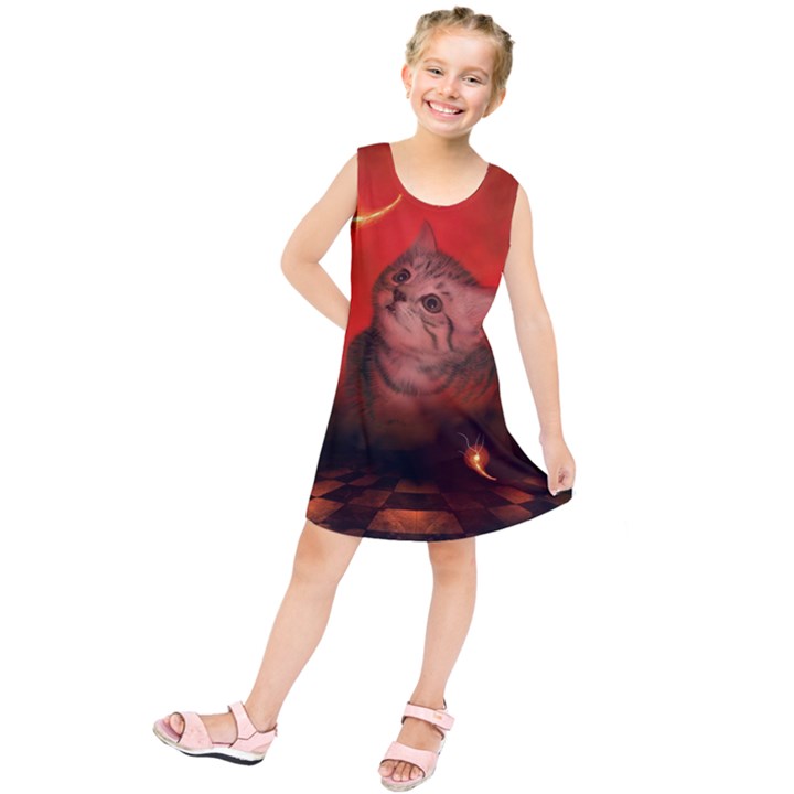 Cute Little Kitten, Red Background Kids  Tunic Dress