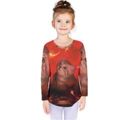 Cute Little Kitten, Red Background Kids  Long Sleeve Tee