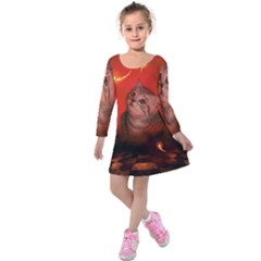 Cute Little Kitten, Red Background Kids  Long Sleeve Velvet Dress by FantasyWorld7