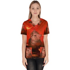 Cute Little Kitten, Red Background Scrub Top by FantasyWorld7