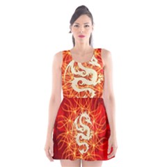 Wonderful Golden Dragon On Red Vintage Background Scoop Neck Skater Dress